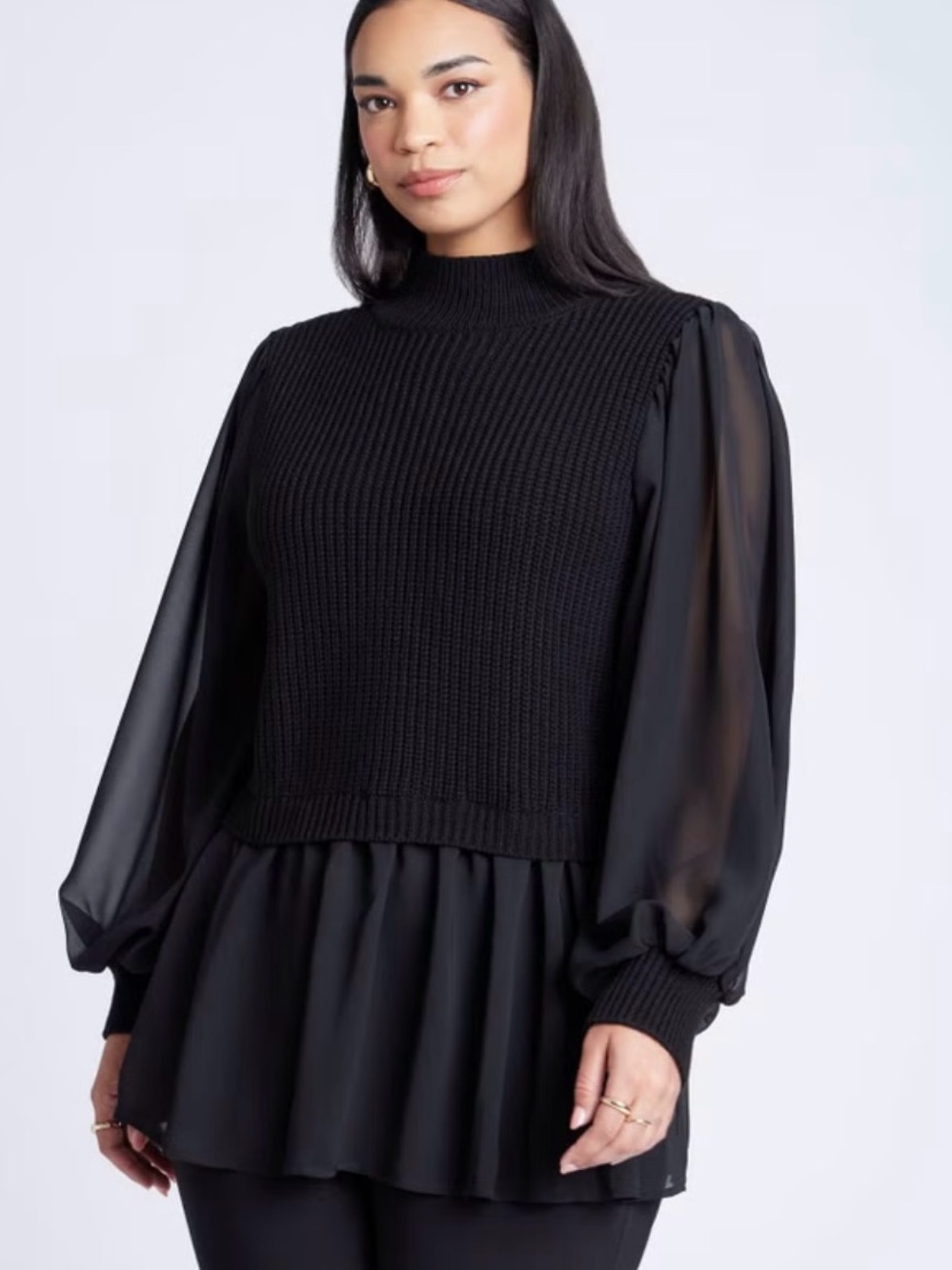 Eloquii Twofer Sweater w/ Chiffon Mock Neck Long Sleeve Black/Onyx Women's 18/20